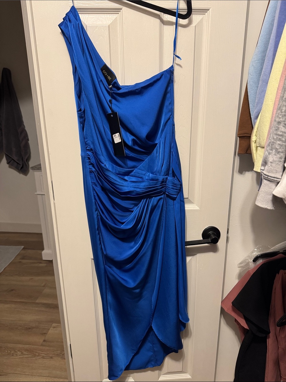 DO+BE Royal Blue One-Shoulder Draped Midi Dress
